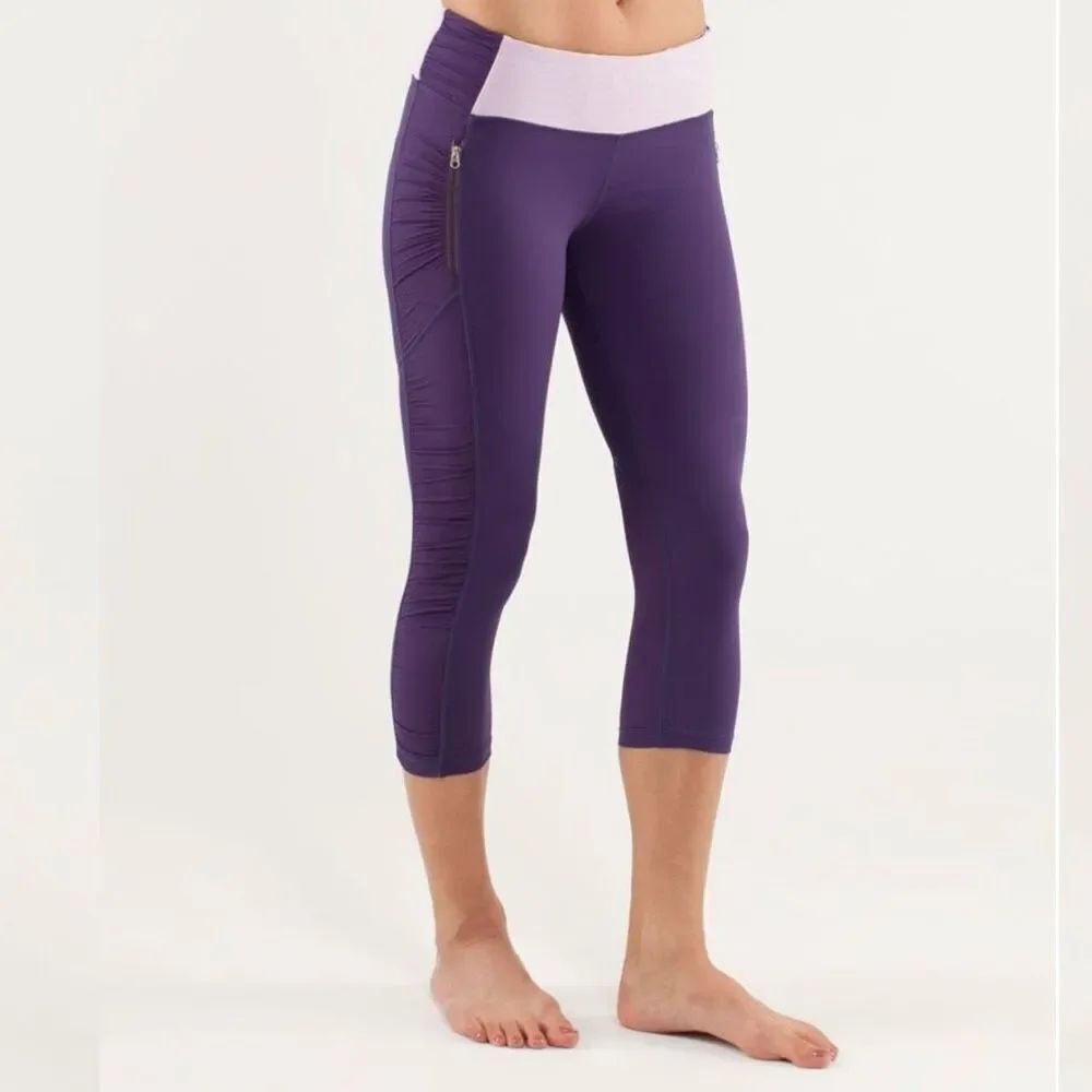 Lululemon Run: In The Sun Crop pants Size 4 Zip Pockets Low Rise Ruching Purple